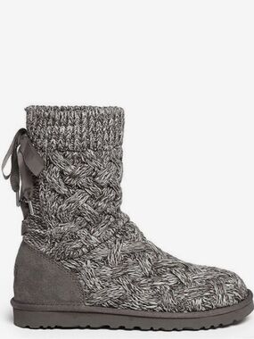 UGG Isla Knit Sweater Boot Gray Knit Mid-Calf Braided Boot with Ribbon Detail